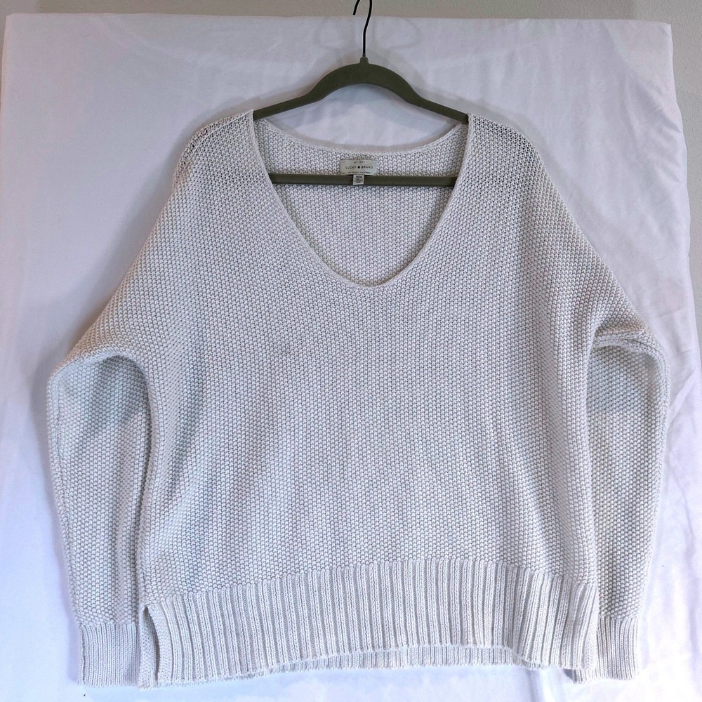 Lucky Brand Womens V-Neck Shaker Knit Sweater Cream Off White Size Medium Boho